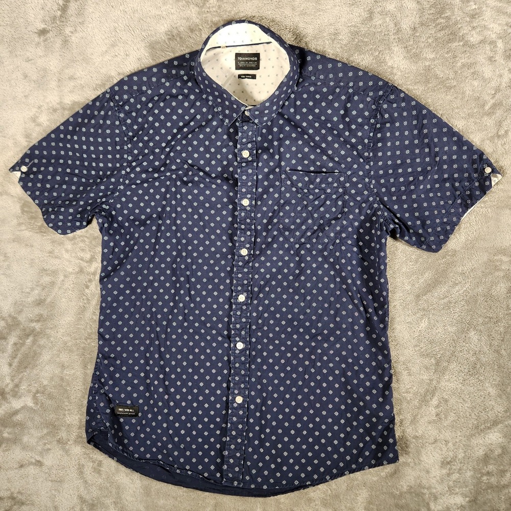 7Diamonds Short Sleeve Shirt Mens Medium Navy Blue Excellent Overflo Pima Cotton